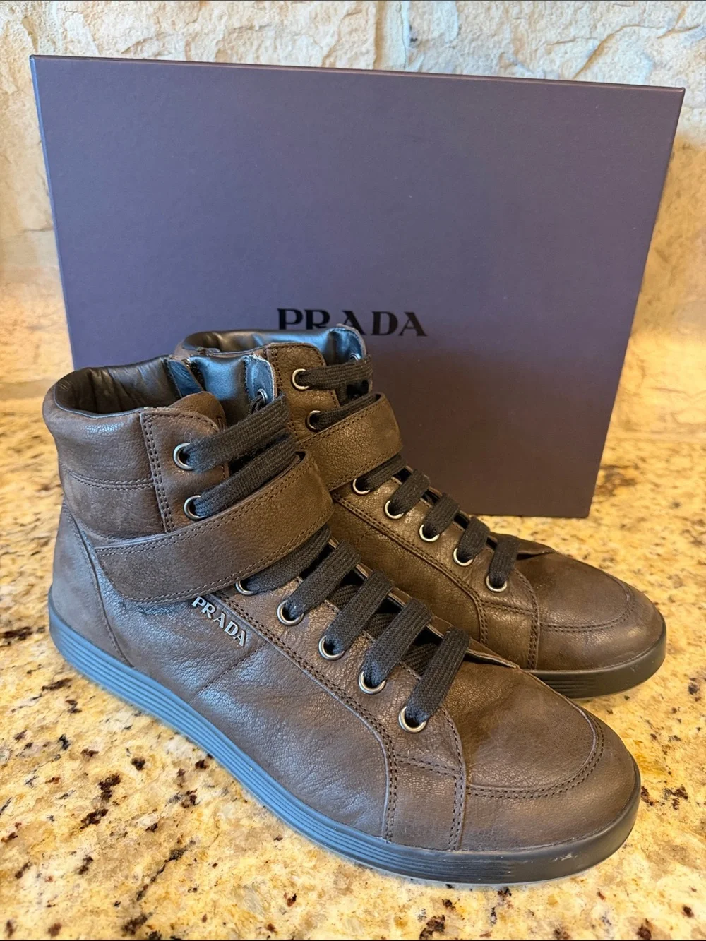 Prada Brown Leather High-Top Sneakers with Strap